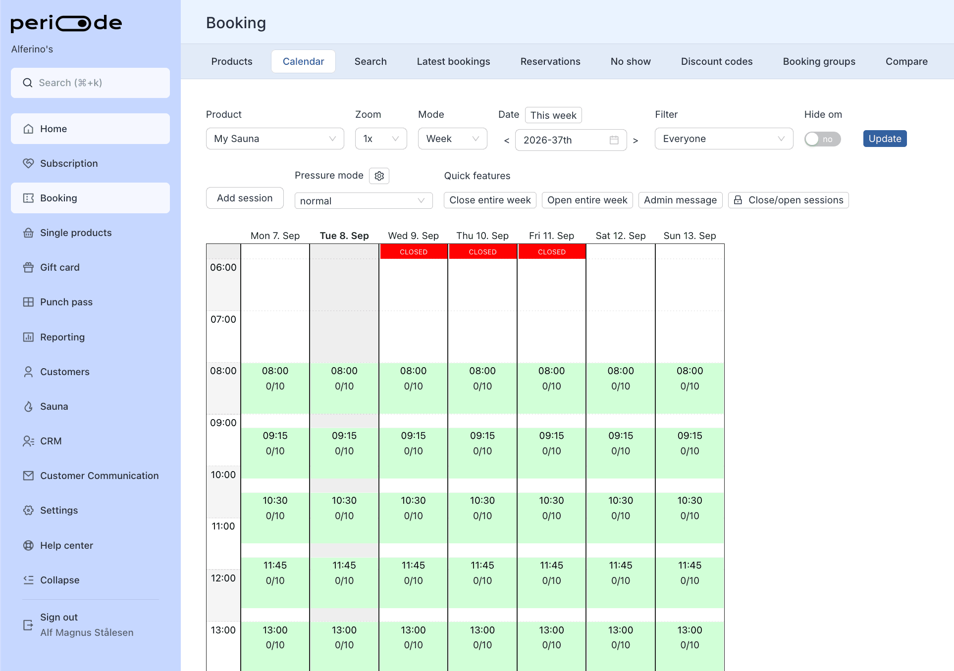 The week view of the booking calendar in the Periode Backoffice