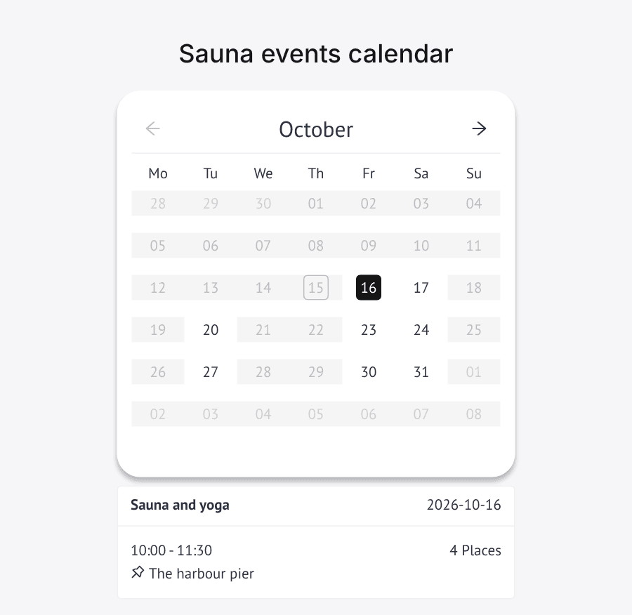 An events calendar on a Periode booking page