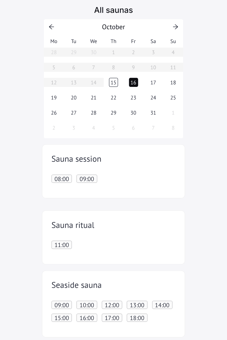 Sessions and start times on a Periode booking page