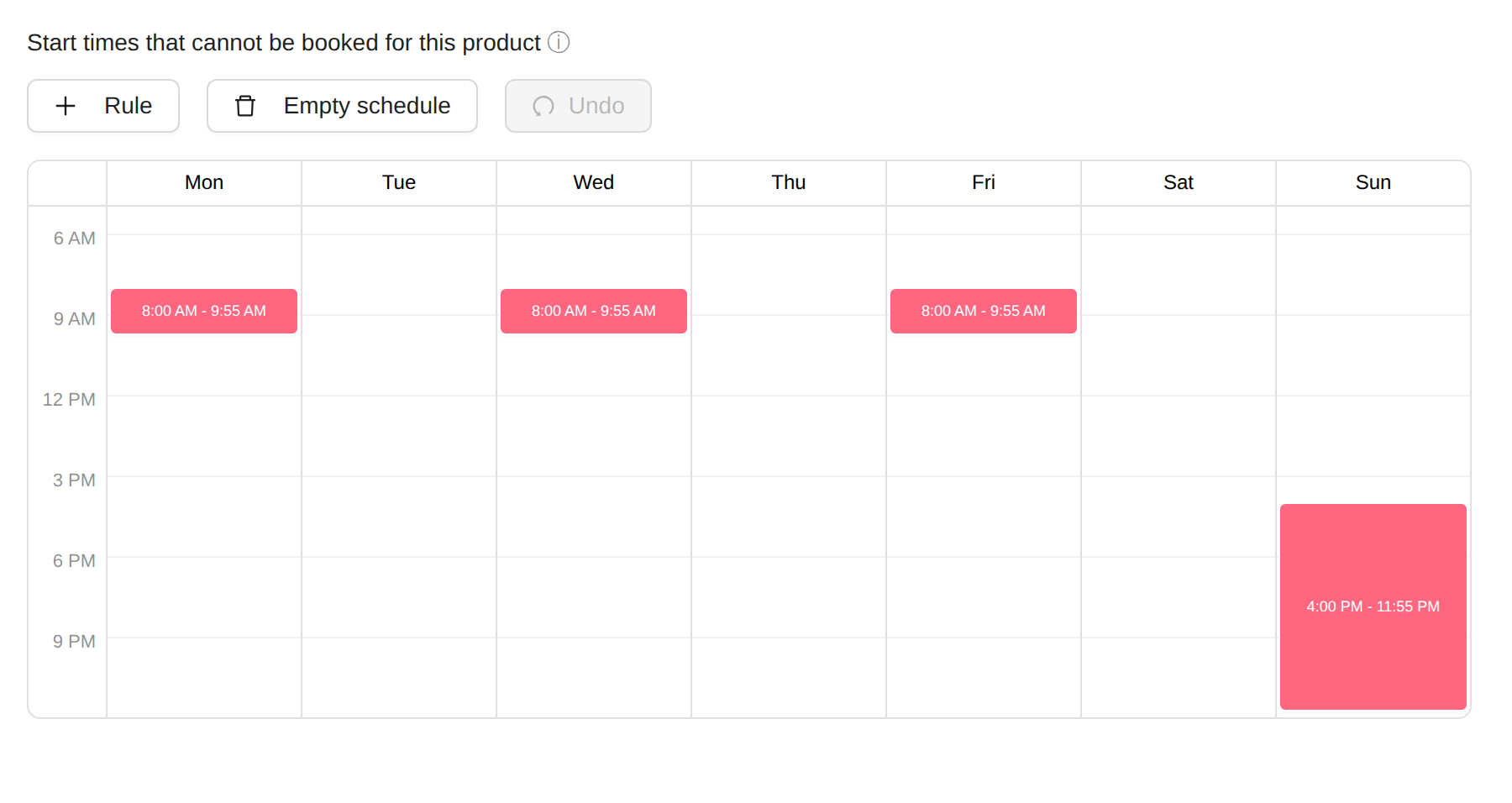 Booking product settings showing the Start times that cannot be booked for this product setting with blocked time ranges per weekday