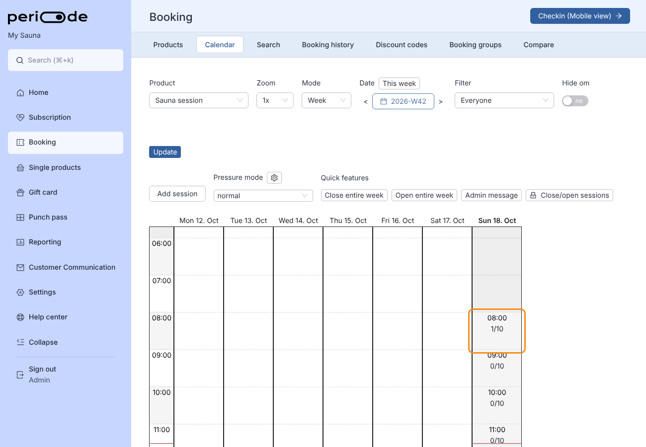 In the booking calendar, clicking the 08:00 session with one booking, then the info icon on Kari Nordmann's row, expanding Manage and clicking Cancel. In the Cancel booking dialog 100 percent is chosen under Gift card, the email switch is turned off, and Cancel booking is clicked. After Close, the session shows 0 of 10 booked.