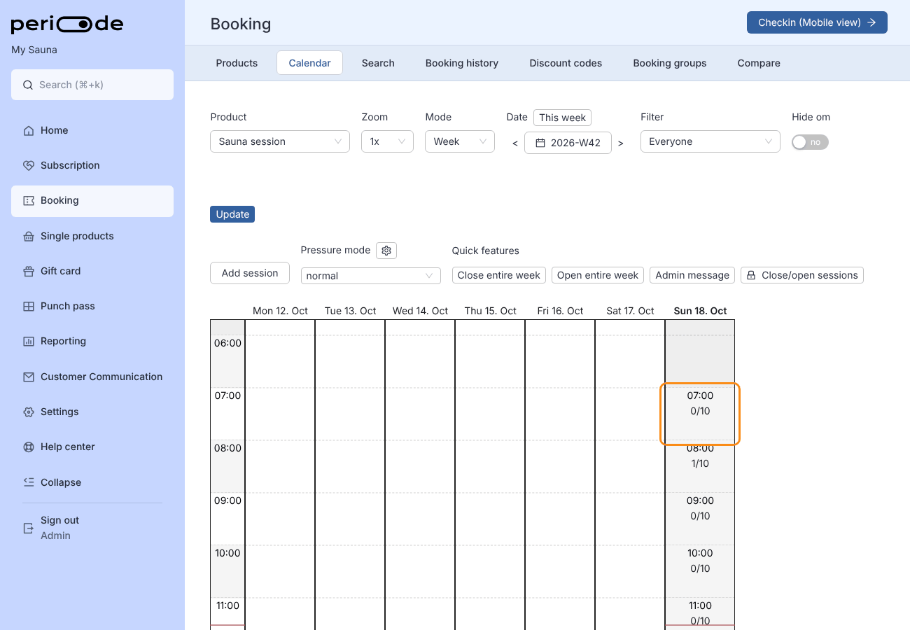 In the booking calendar, clicking the empty 07:00 session, then the cog wheel in the session dialog, then the red Delete button, and confirming Delete in the Delete slot dialog. The 07:00 session is gone from the calendar.