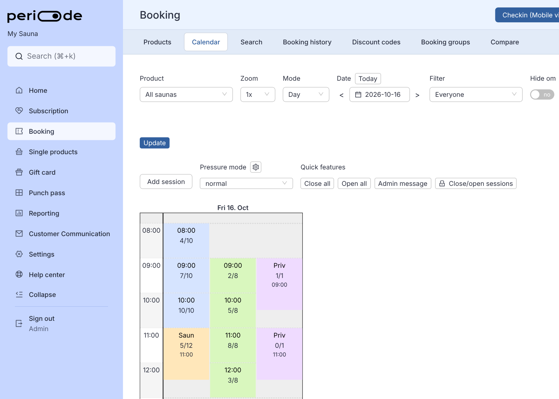 Booking > Calendar in Day view with the All saunas group selected. The day has three lanes: Sauna session in blue followed by a Sauna ritual in orange in the first lane, Seaside sauna in green in the second, and Private sauna in purple in the third. Each session shows its start time or a short name, and booked over capacity, for example 7/10.