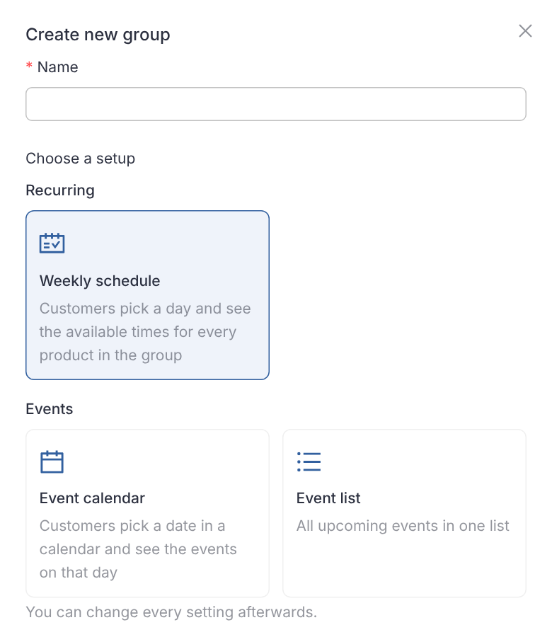 The Create new group dialog with a Name field and three setups: Weekly schedule under Recurring, selected, and Event calendar and Event list under Events.