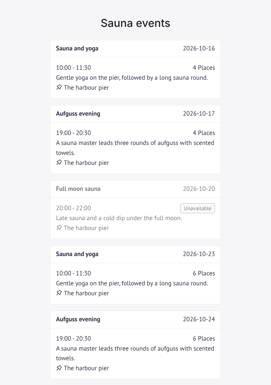 The customer page for the Sauna events group: event cards for Sauna and yoga on 16 October, Aufguss evening on 17 October, a greyed-out Full moon sauna on 20 October marked Unavailable, and further sessions of Sauna and yoga and Aufguss evening.