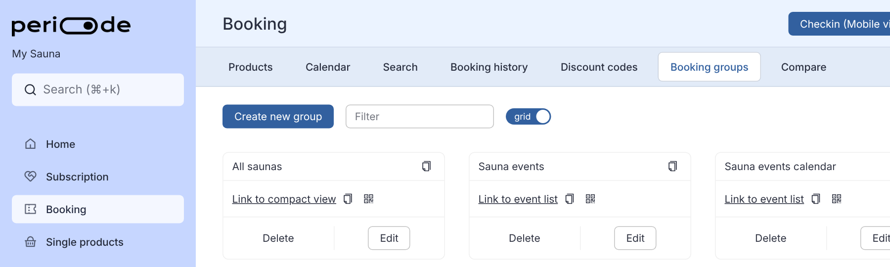 The Booking groups tab with the Create new group button and three group cards: All saunas with a link to the compact view, and Sauna events and Sauna events calendar with a link to the event list.