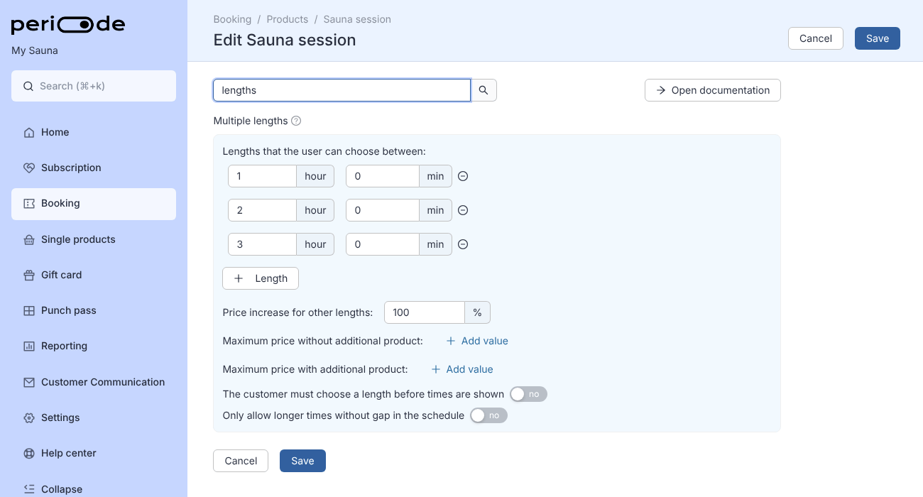 The Multiple lengths setting on the Sauna session product, found by typing lengths into the Search for setting box. It lists the lengths 1, 2 and 3 hours, and the Price increase for other lengths field is changed from 100% to 50%.