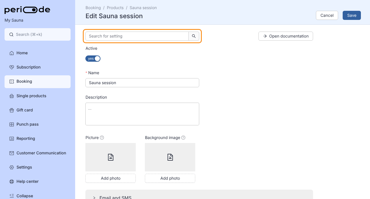 Typing linked into the Search for setting box of the Sauna session editor, clicking Add linked events under Linked events shown among the booking times, picking Aufguss ritual in the product picker and clicking Save.
