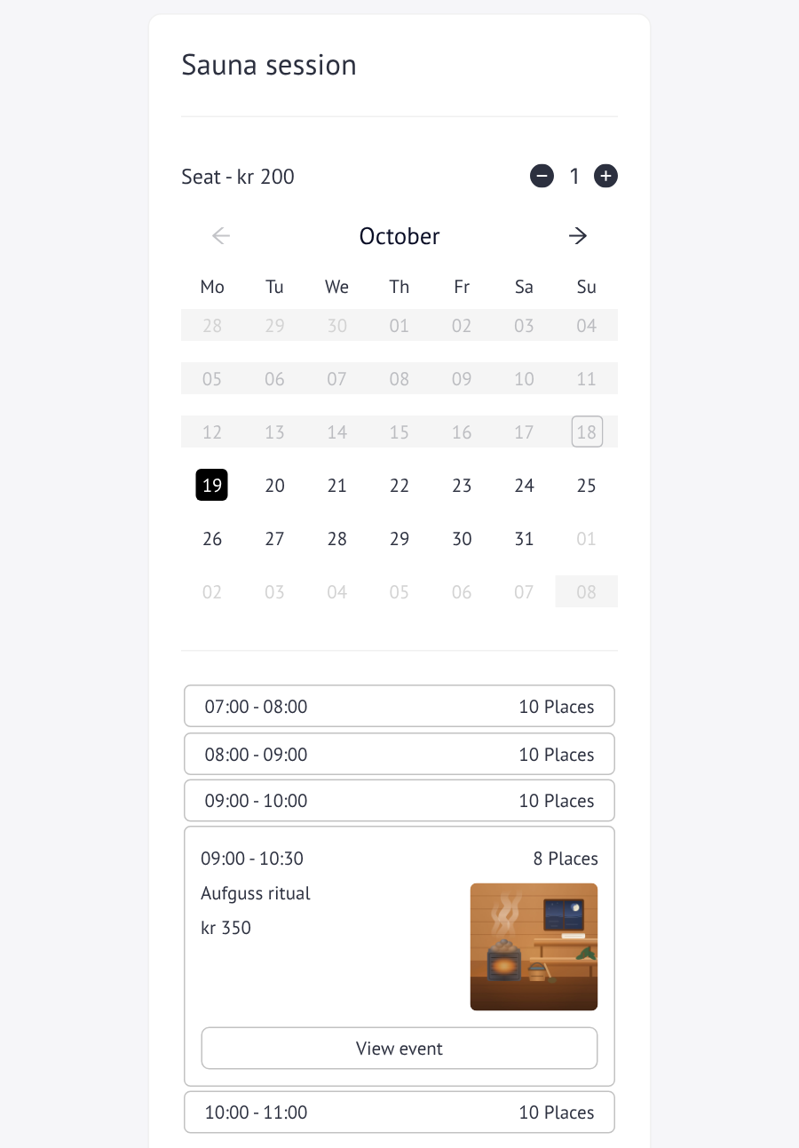 The customer's booking page for Sauna session, with the hourly booking times and, between 09:00 and 10:00, a card for the Aufguss ritual event showing the time, price, places left, a picture and a View event button.