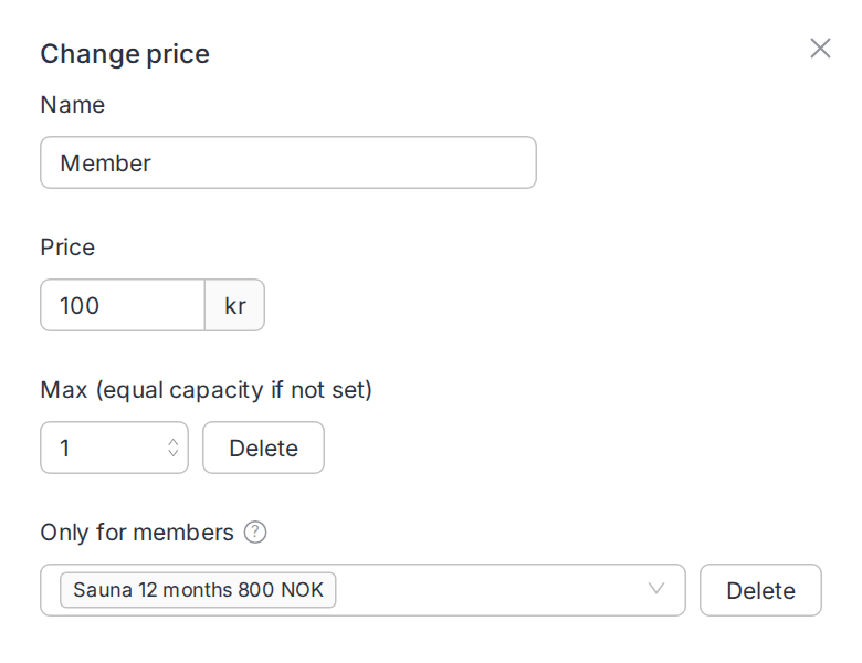The Change price dialog for the Member tier: Price 100 kr, Max 1, and Only for members set to Sauna 12 months 800 NOK.