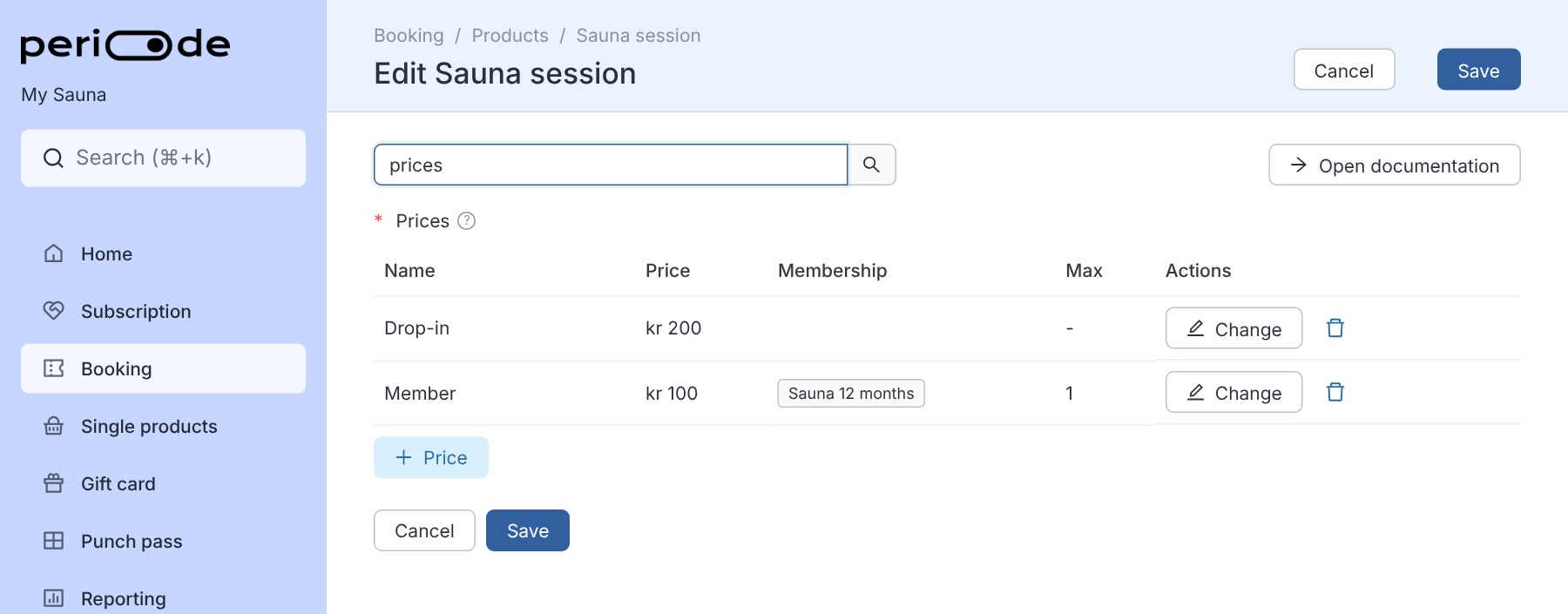 Editing the Sauna session booking product under Booking, with the settings search showing the Prices table: a Drop-in tier at kr 200 and a Member tier at kr 100 limited to the Sauna 12 months membership.