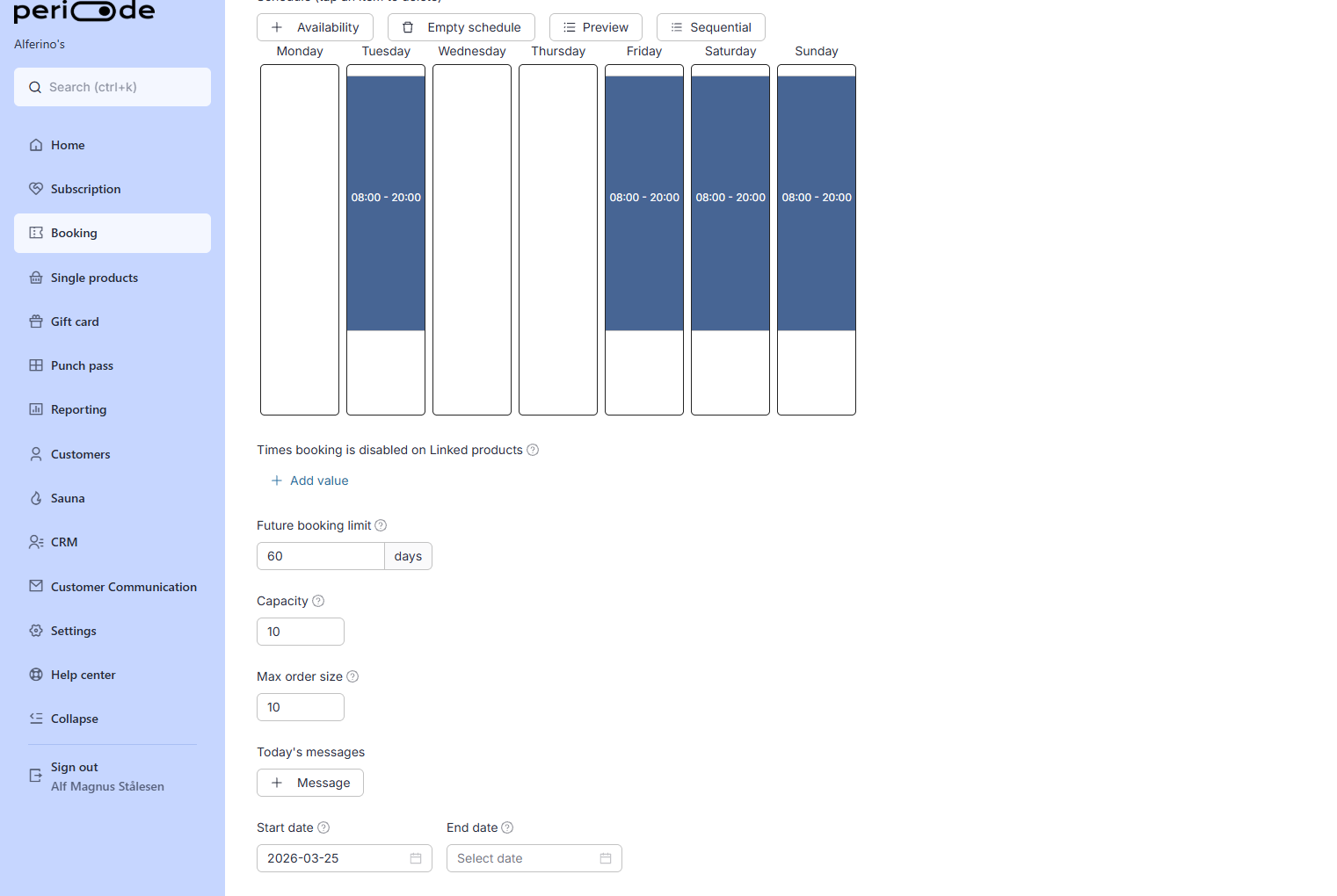 Booking product settings with the weekly schedule, the Future booking limit field set to 60 days, and the Start date and End date fields