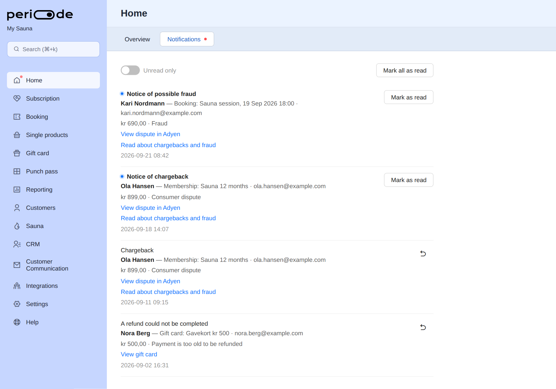 The Notifications tab under Home in the Backoffice, with a Notice of possible fraud, a Notice of chargeback, a Chargeback and a failed refund listed. Unread notifications are bold with a blue dot and a Mark as read button, and each dispute notification links to the dispute in Adyen and to this guide.