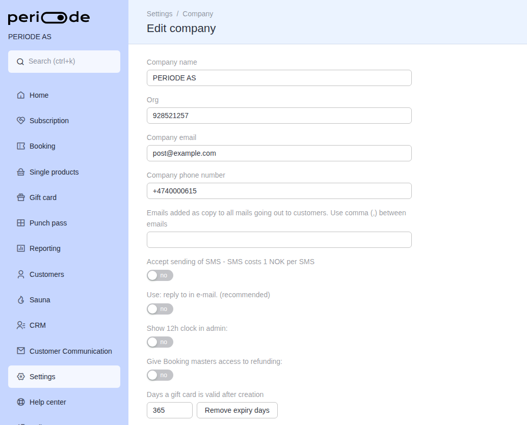 The Edit company page under Settings > Company with company name, contact details, e-mail options, and gift card expiry days