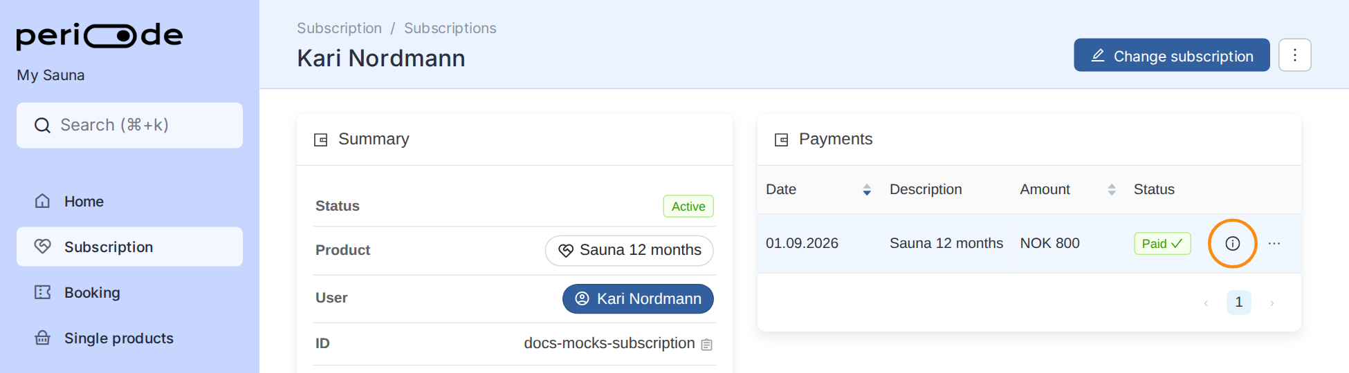 A member's subscription page under Subscription, with the Summary card on the left and the Payments card on the right listing one paid charge of NOK 800. The See details icon at the end of the row is highlighted.