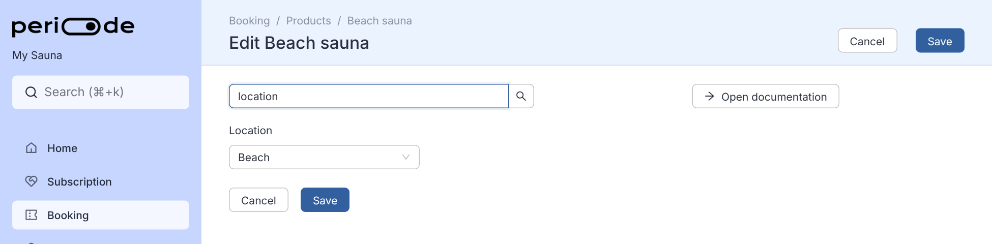 The edit page of the Beach sauna booking product with location typed in the Search for setting field, showing only the Location field set to Beach, and Cancel and Save buttons.